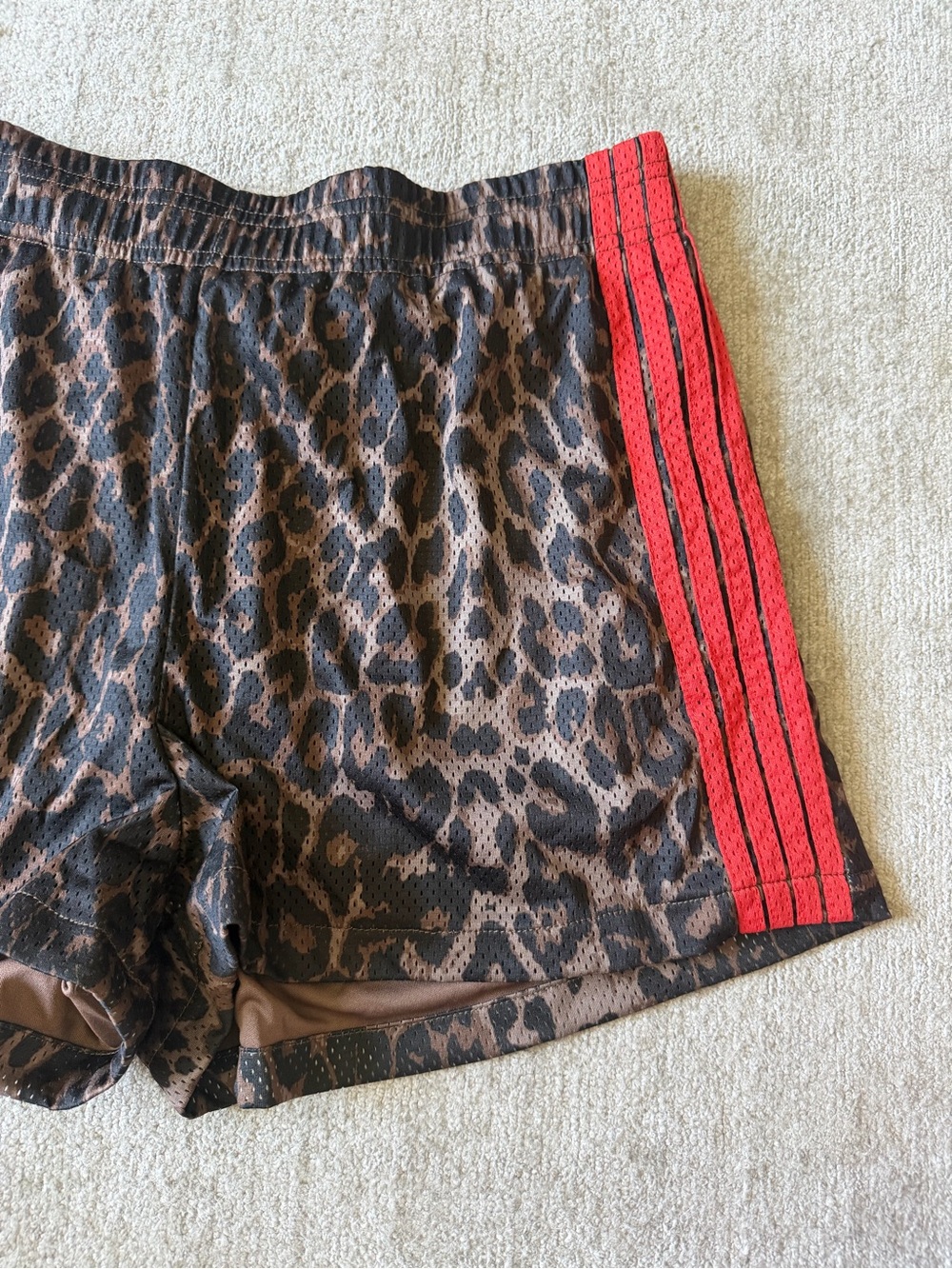 Women’s Athletic Shorts with Red Side Stripes - Leopard Print - Picture 3 of 5